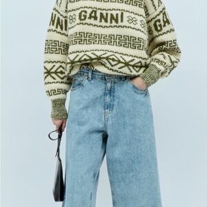 GANNI Olive and Cream Knit Sweater